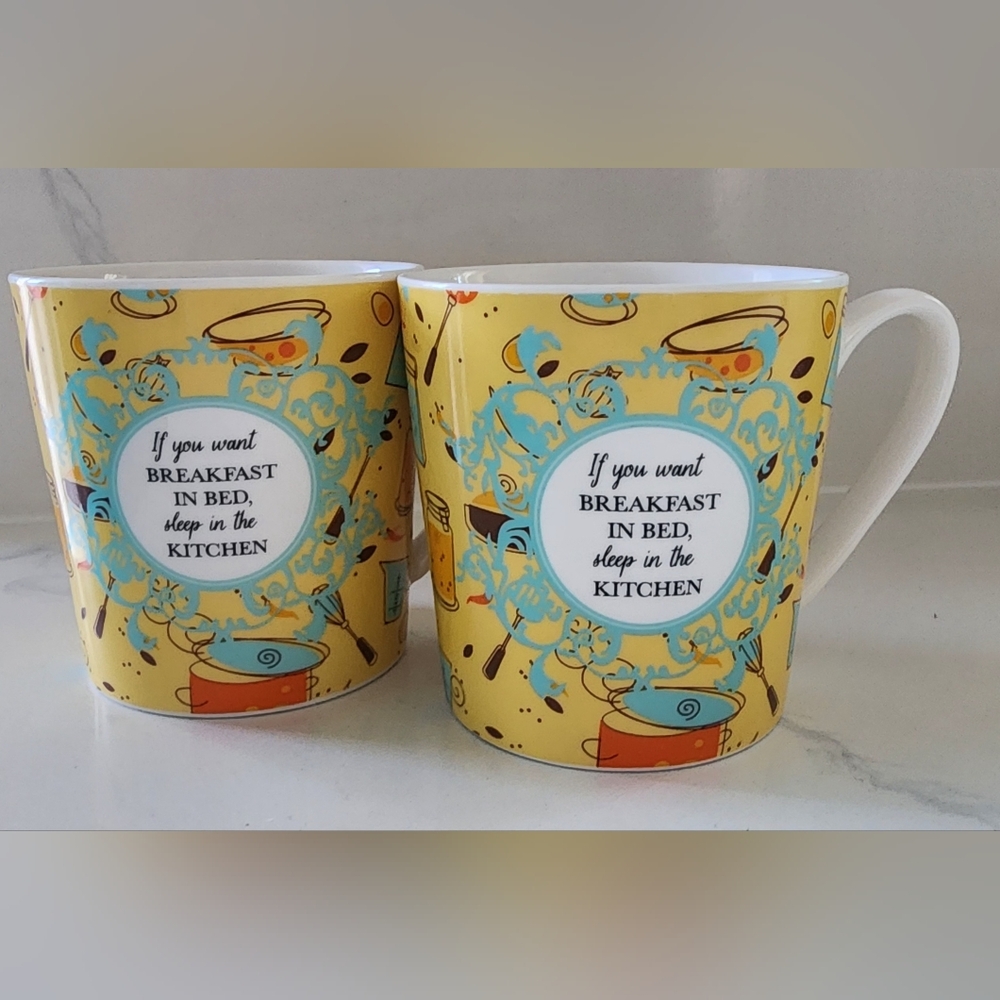 Rare Discontinued Pier 1‎ Breakfast In Bed Porcelain Mugs Set Of Two 16 Oz